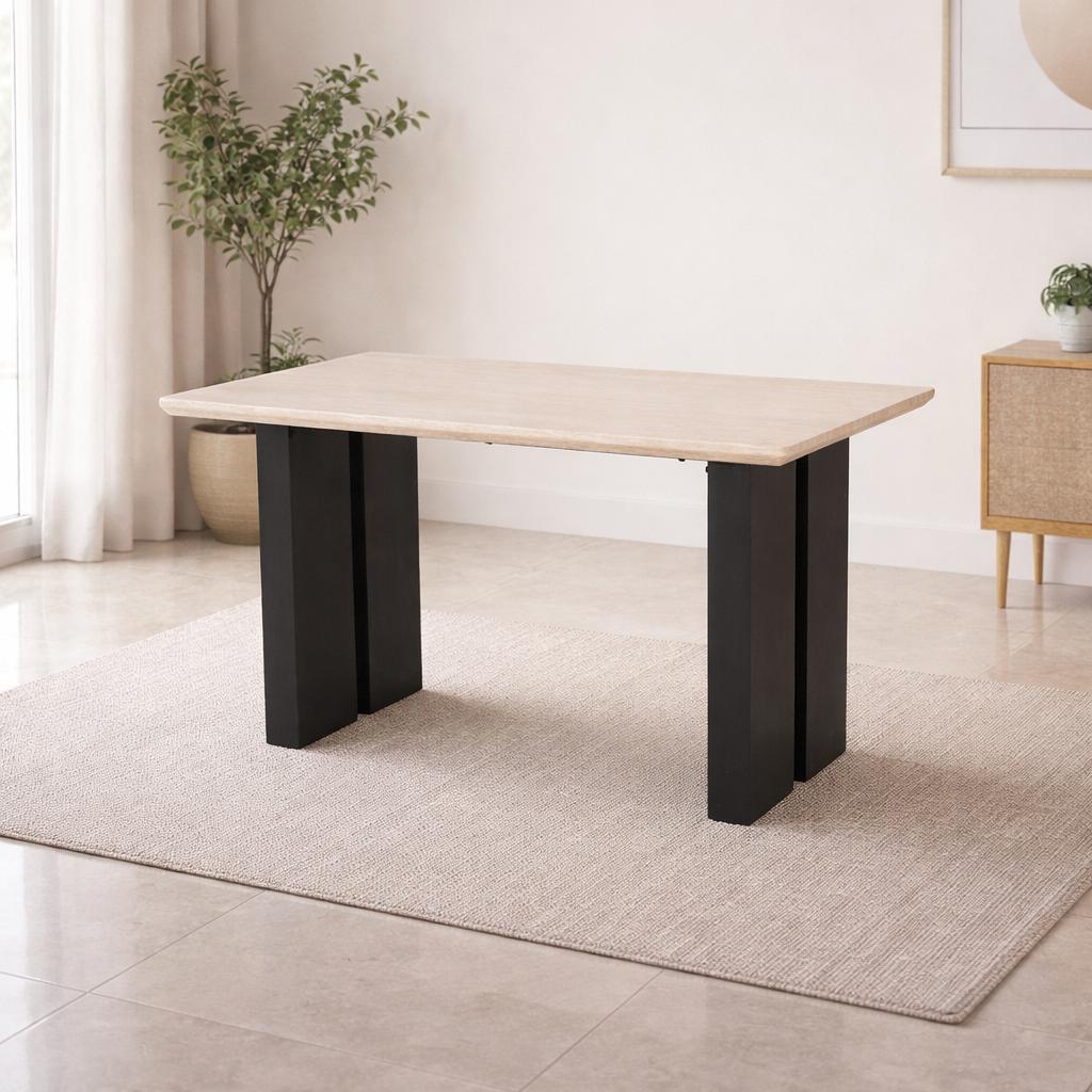  Dining table with light marble top and black bases 