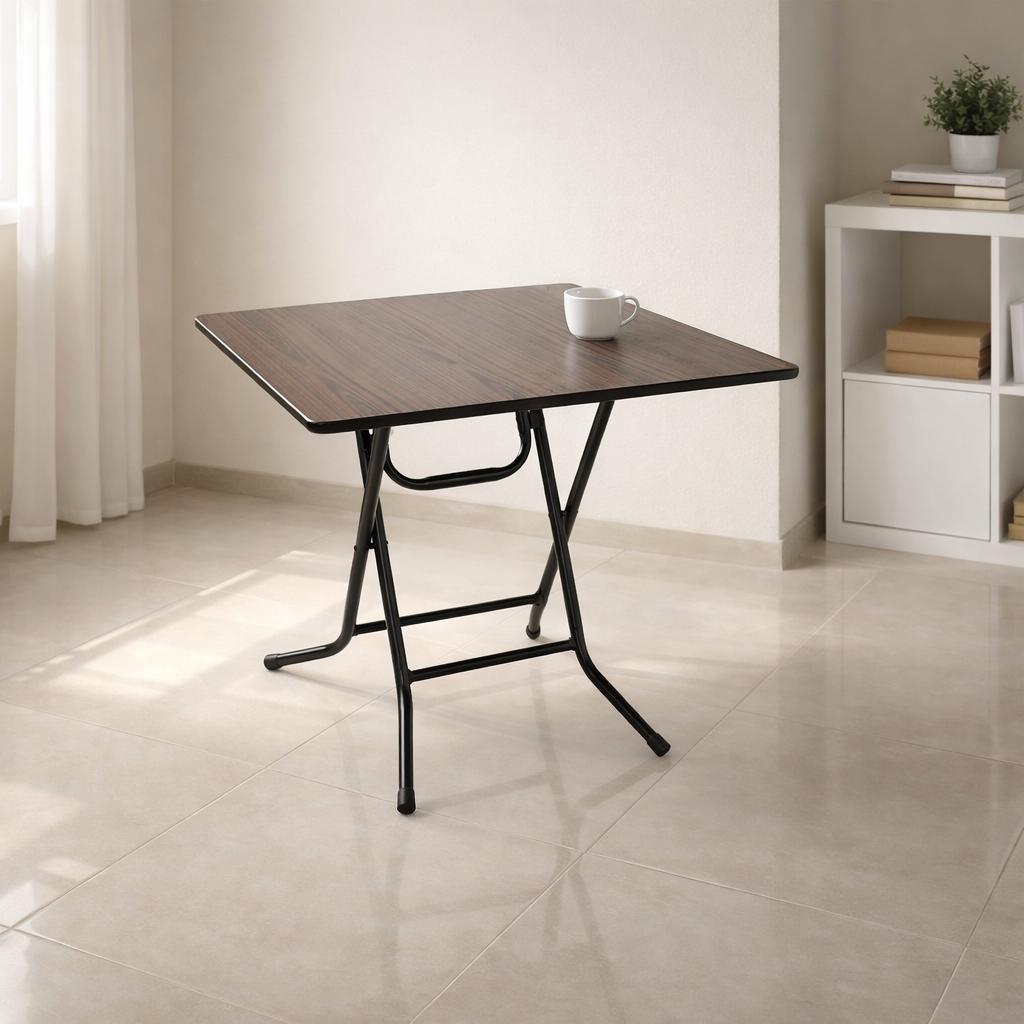  Folding table with brown top and black base 
