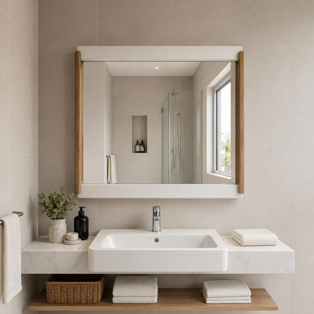  White and wood wall mirror in modern bathroom 