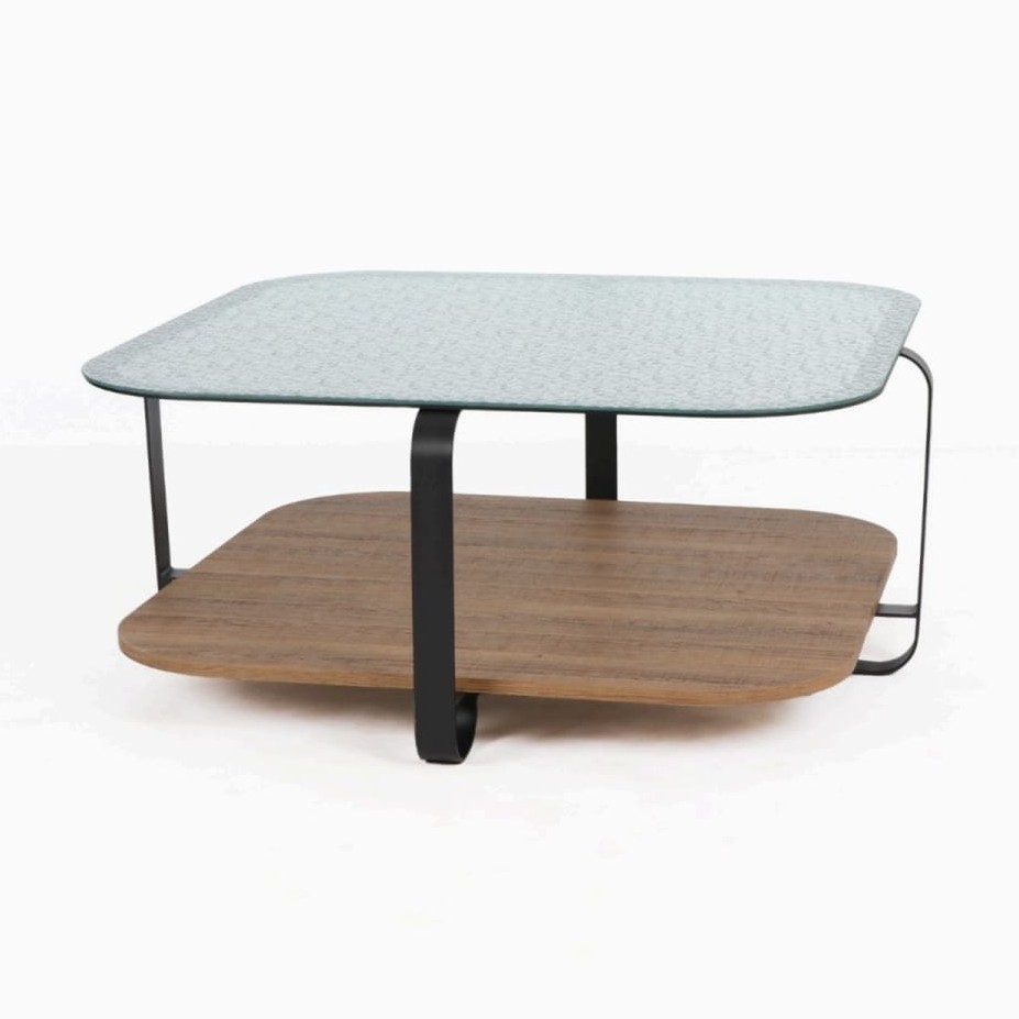  Two-tier glass coffee table with glass top and wooden shelf 
