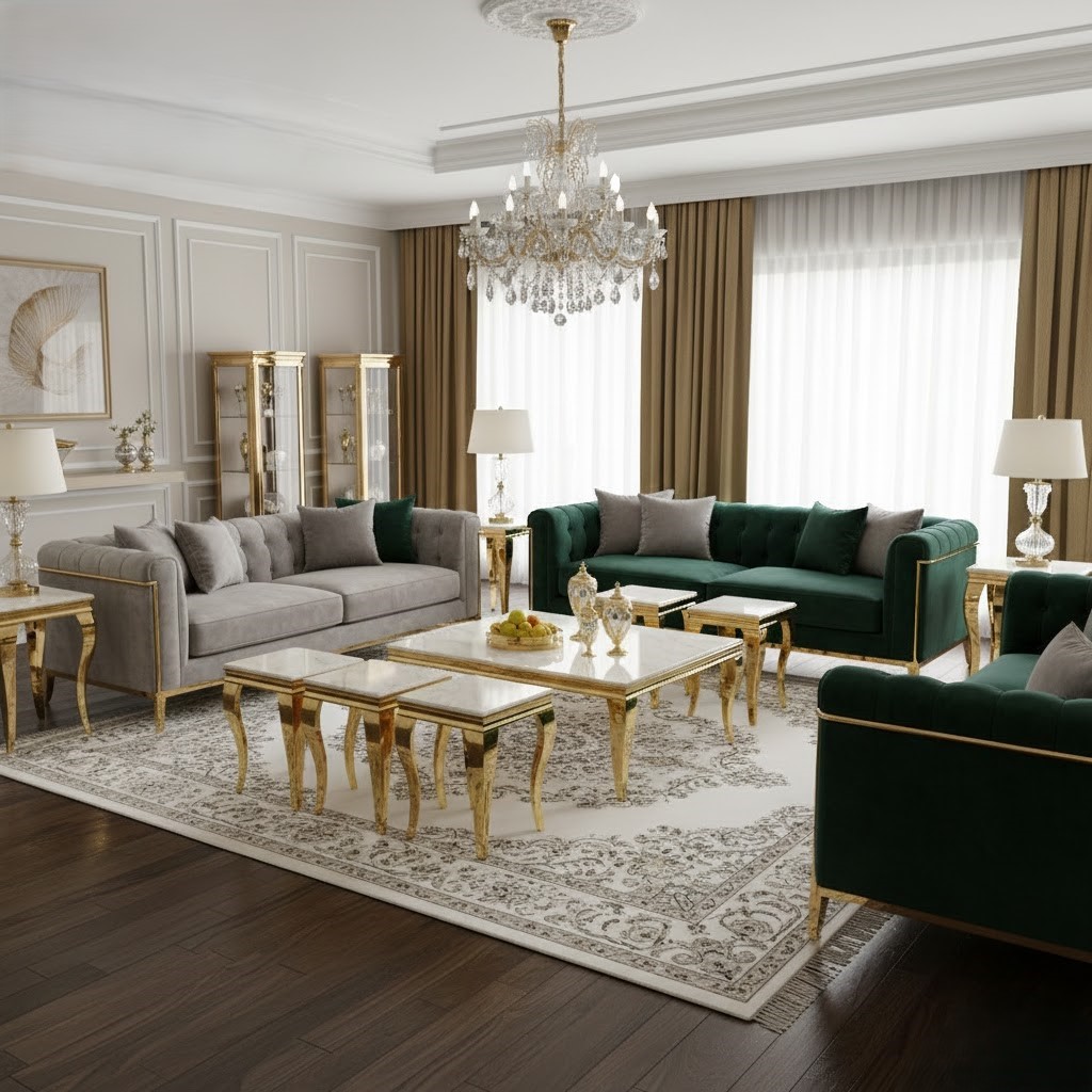  طقم طاولات شاي ذهبية 7 قطع بسطح رخامي فاخر 