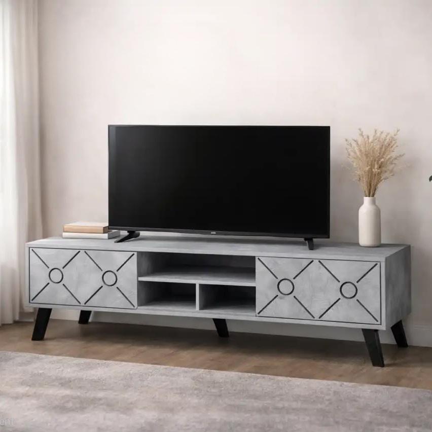  Cement gray TV stand with geometric cabinet fronts 