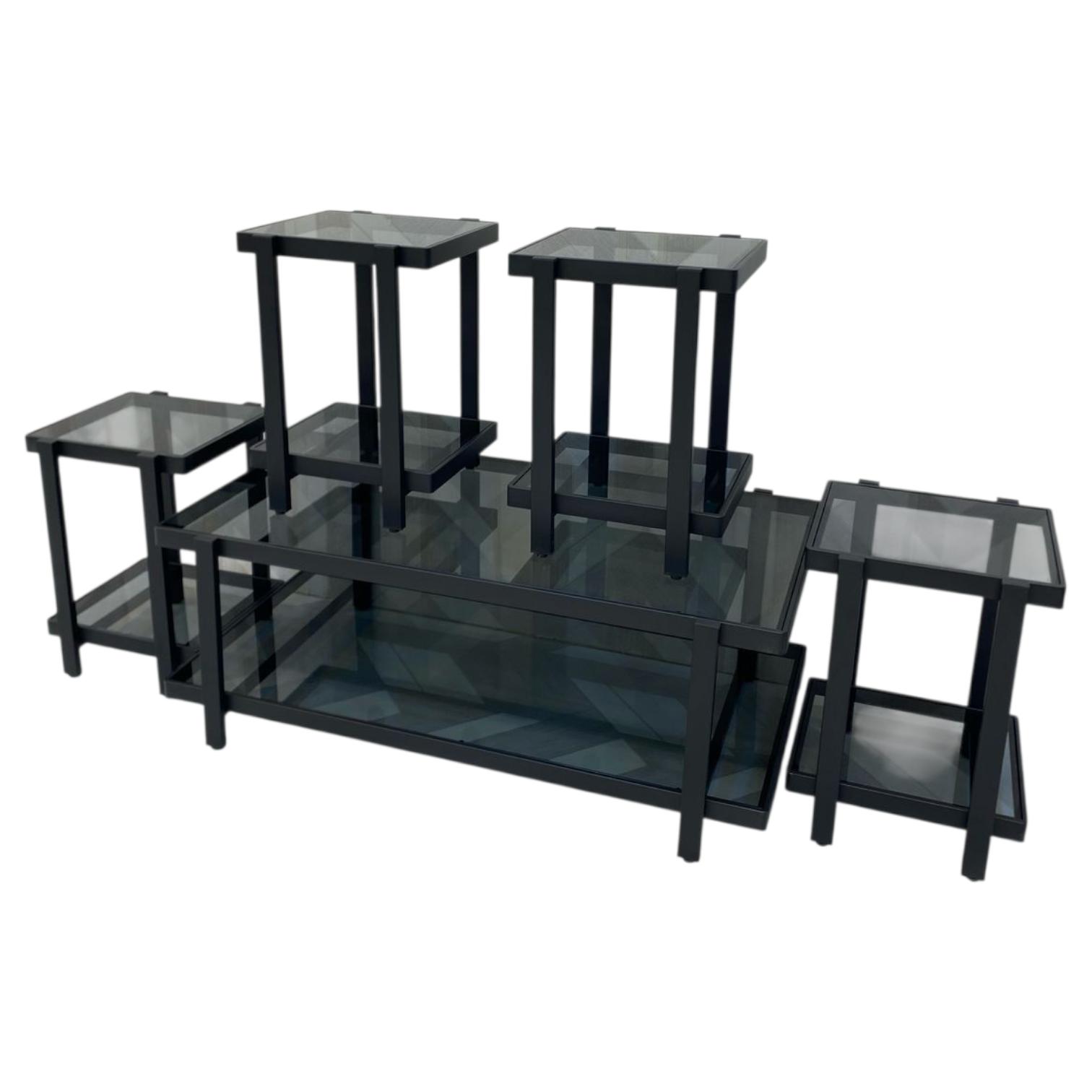  Black 5-piece glass side tables set modern design 