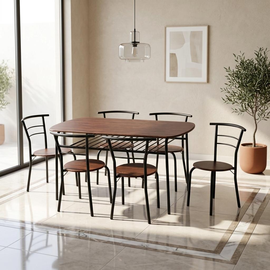  Brown wood dining table with black metal frame chairs 