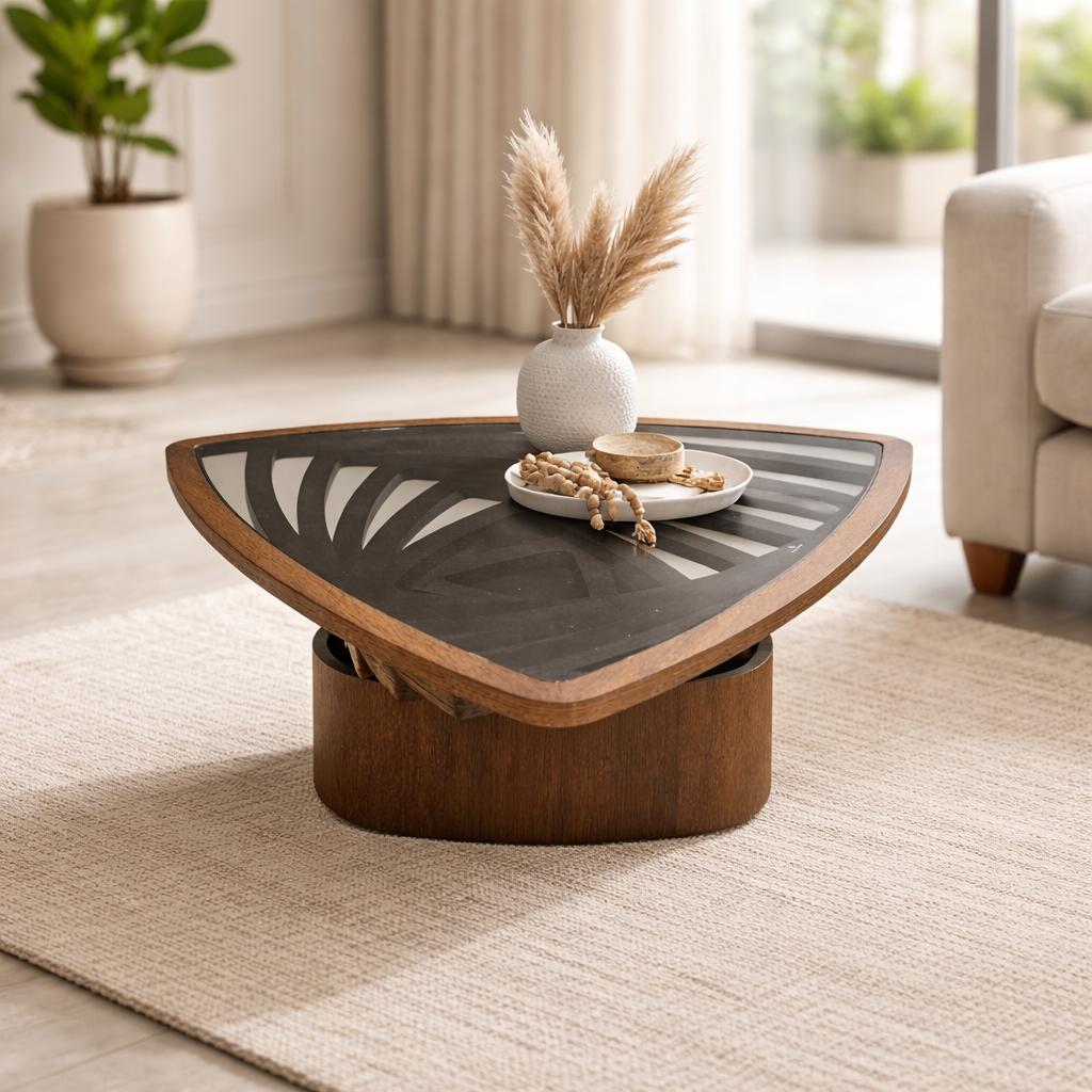  Wooden coffee table with dark glass top triangular modern design 