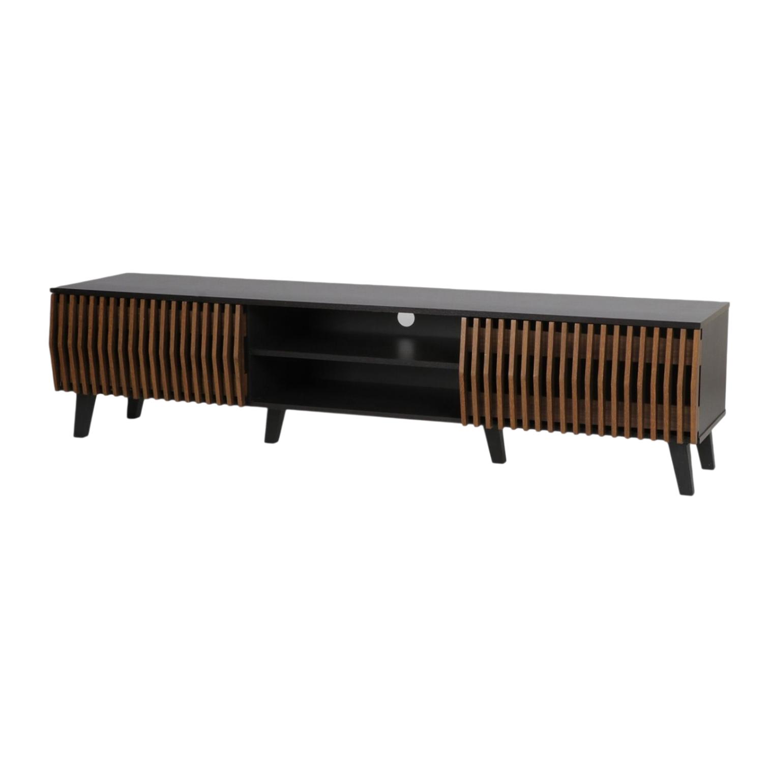  Multi-color TV stand with dark wood slatted front design 