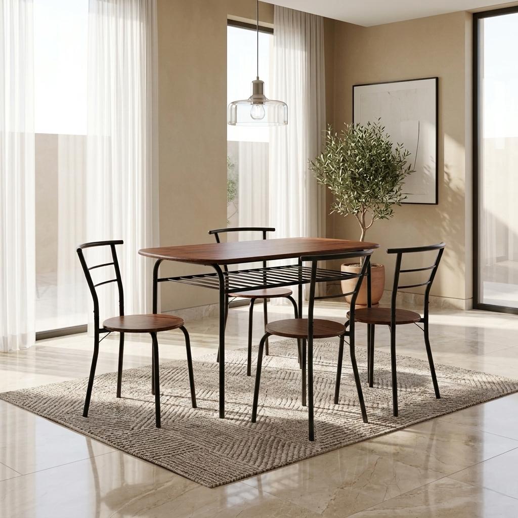  Wood dining table with black metal frame chairs 