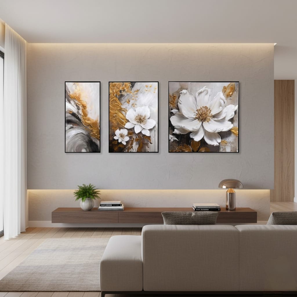  Luxury floral wall art set adding golden elegance and embossed texture to your wall 