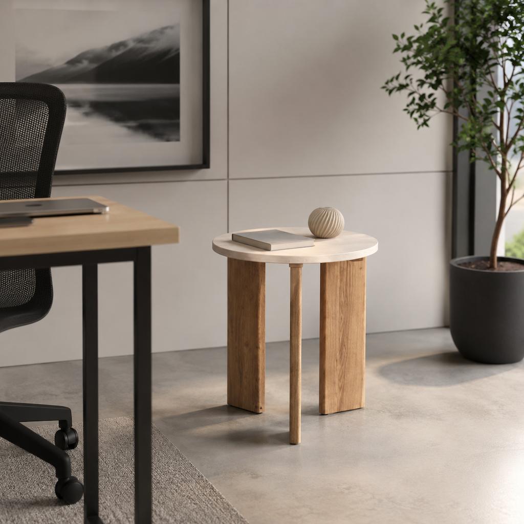  Round Side Table in Light Wood and Brown 