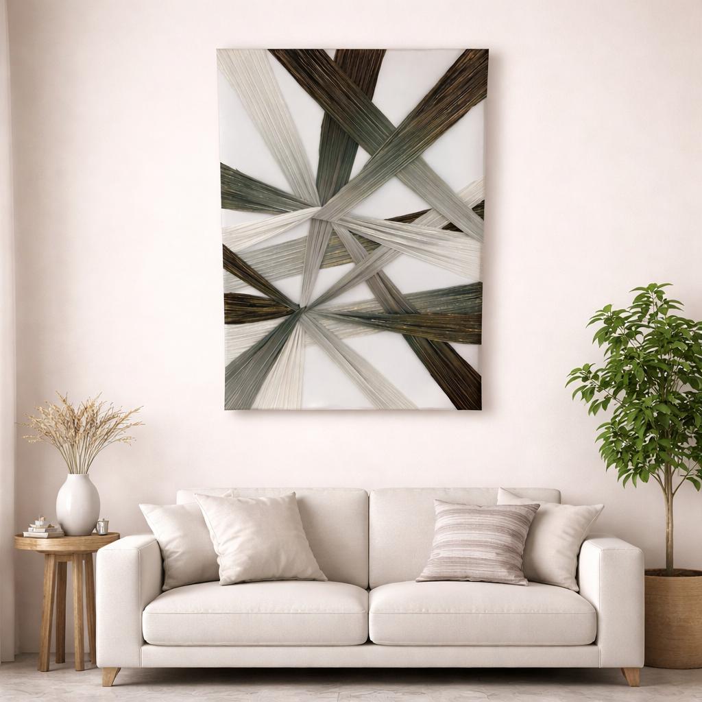  Abstract wall art with intersecting green beige lines 