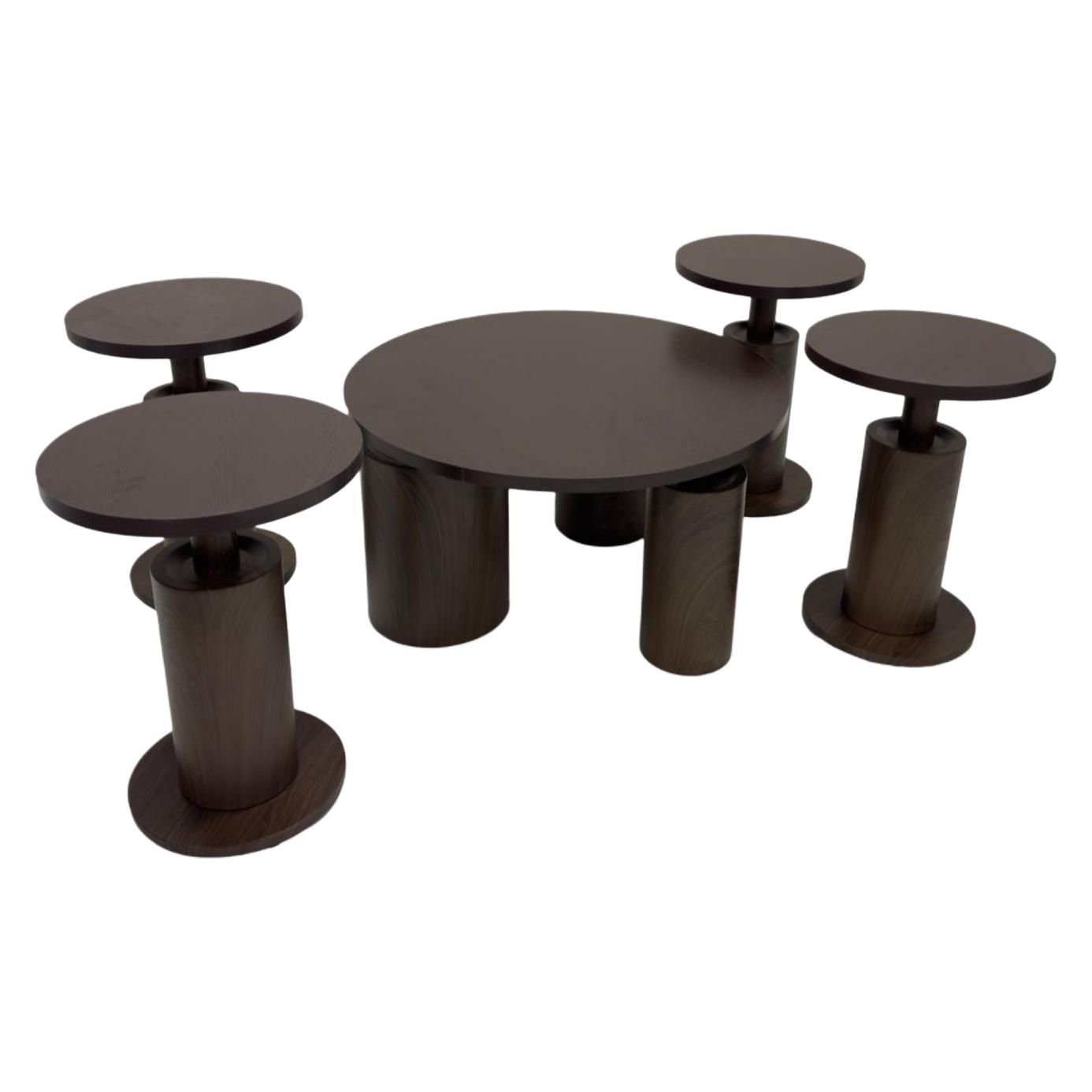  Dark wood round coffee table set modern 5 pieces 