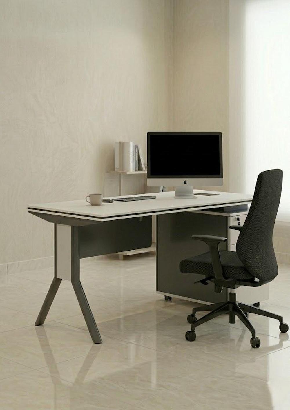  White and black work desk with drawers in a modern home office 