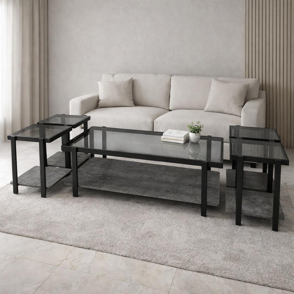  Dark glass table set with grey lower shelf and black frame 