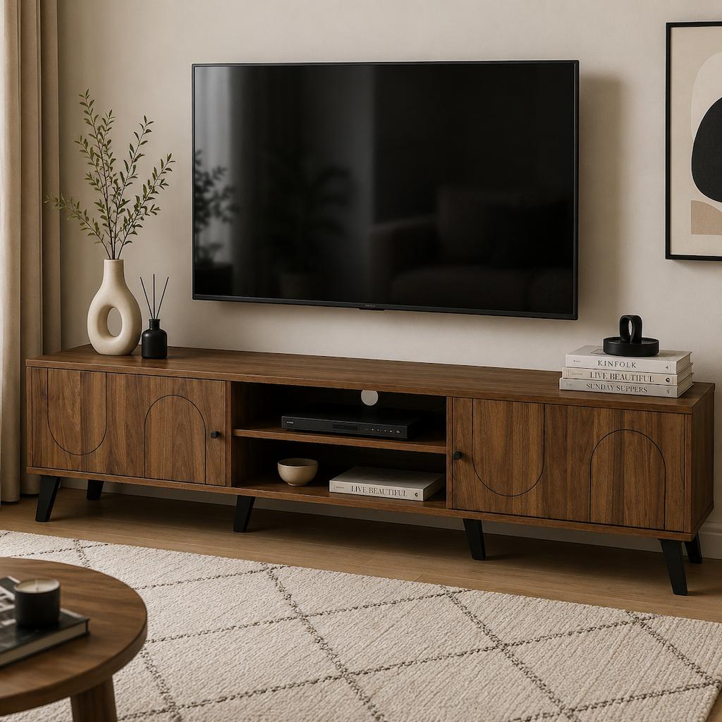  Dark Brown TV Stand with Cabinets, Shelves and Black Legs 