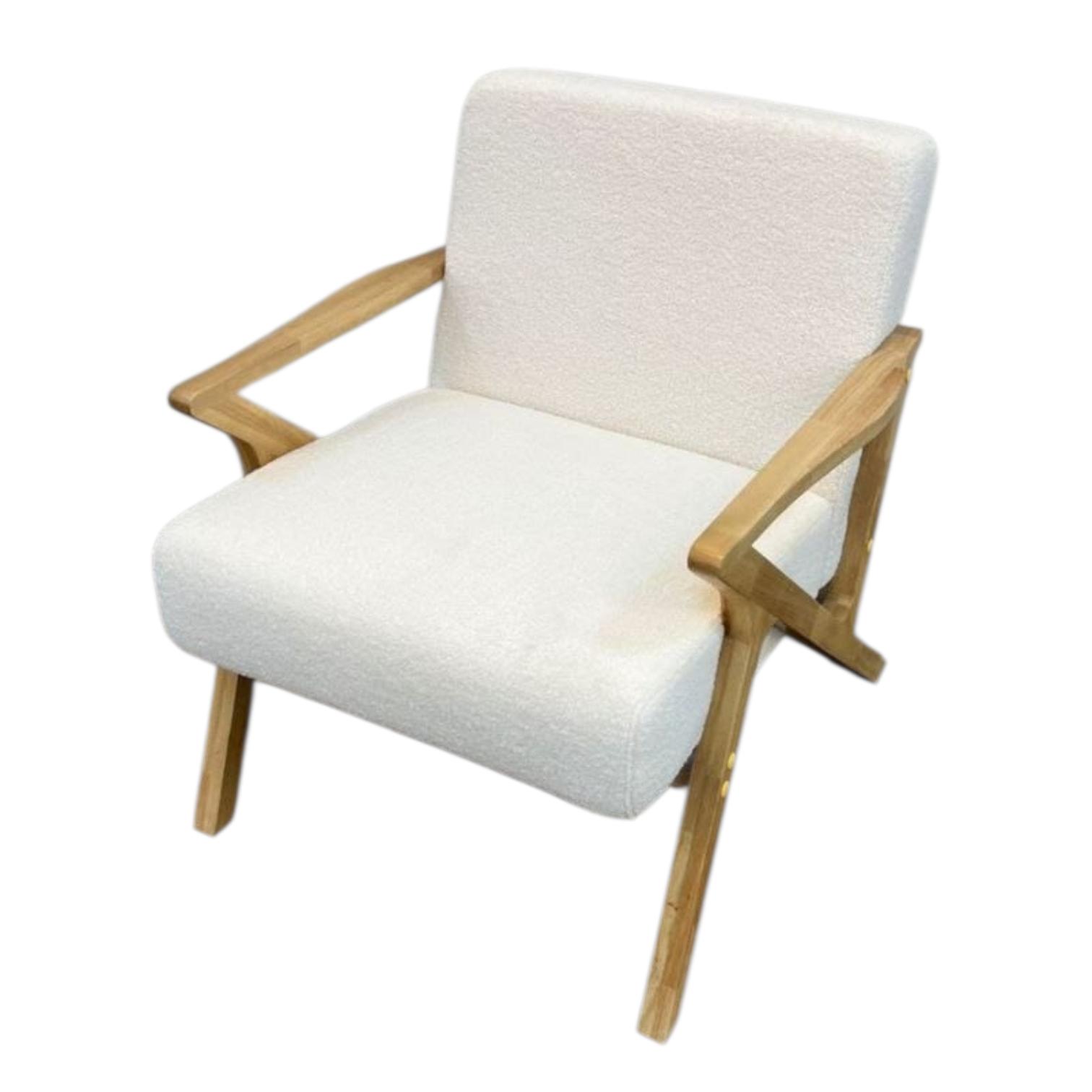  Boucle lounge chair with wooden base in white color 