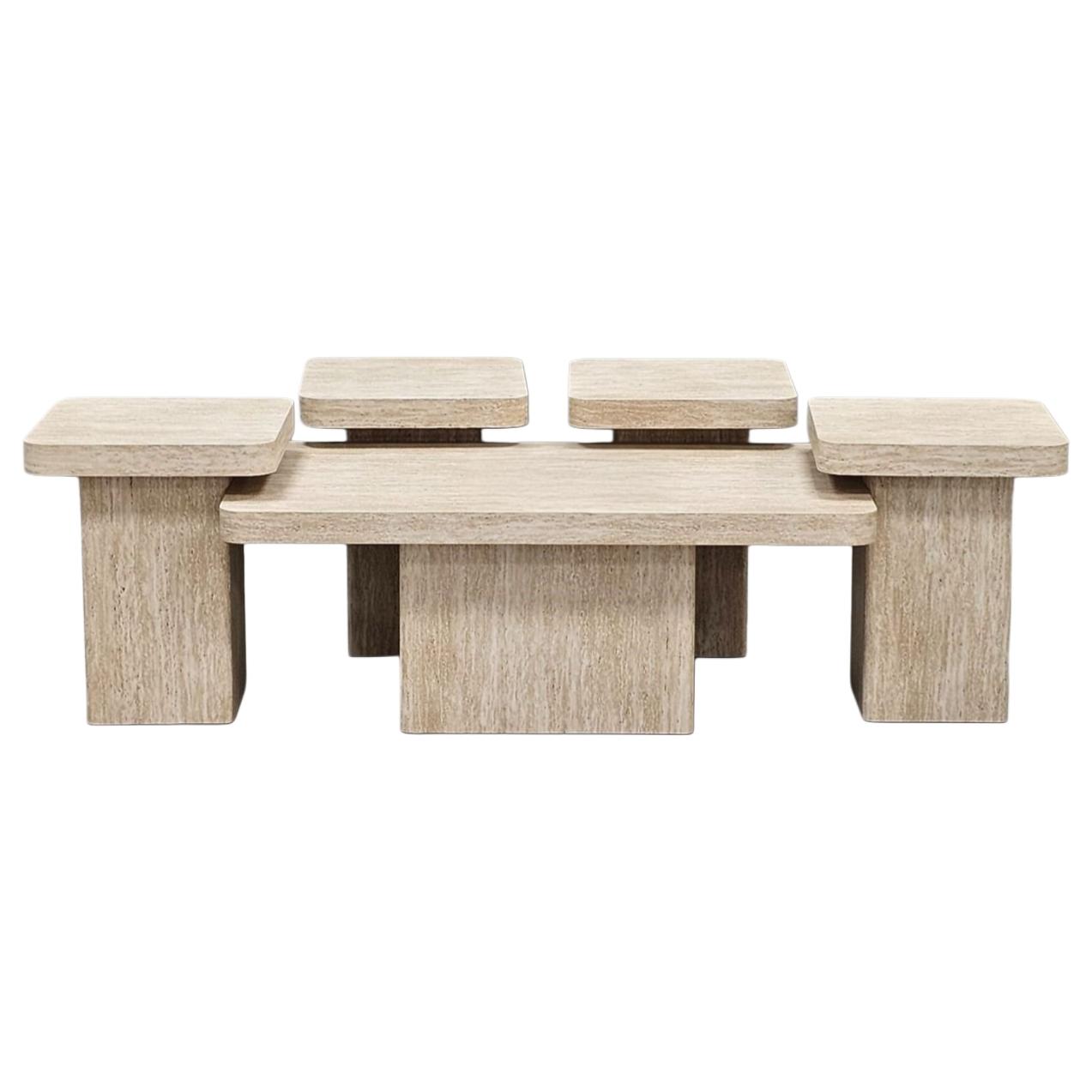  Light wood beige coffee table set 4+1 elegant serving design 