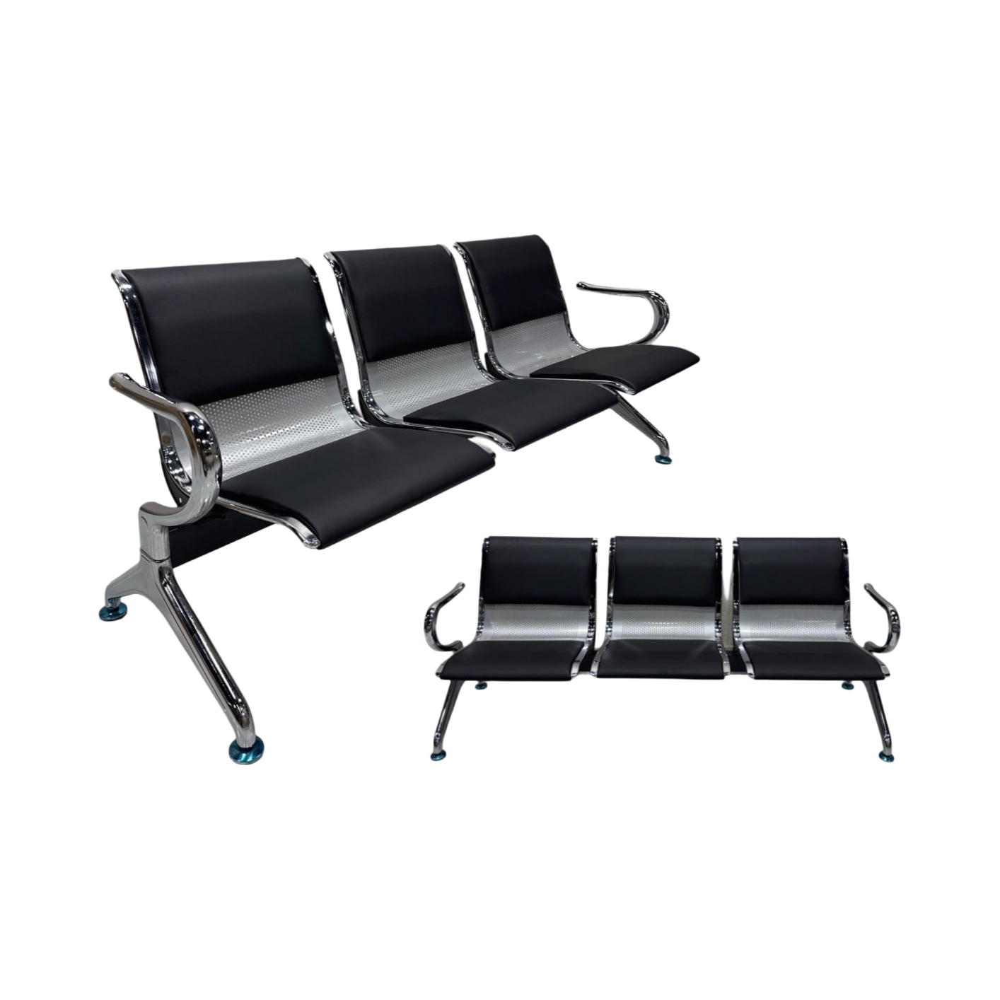  Black three-seat leather waiting bench with connected seats 