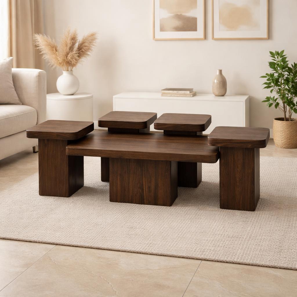  Dark brown wooden coffee table set with multi level design 