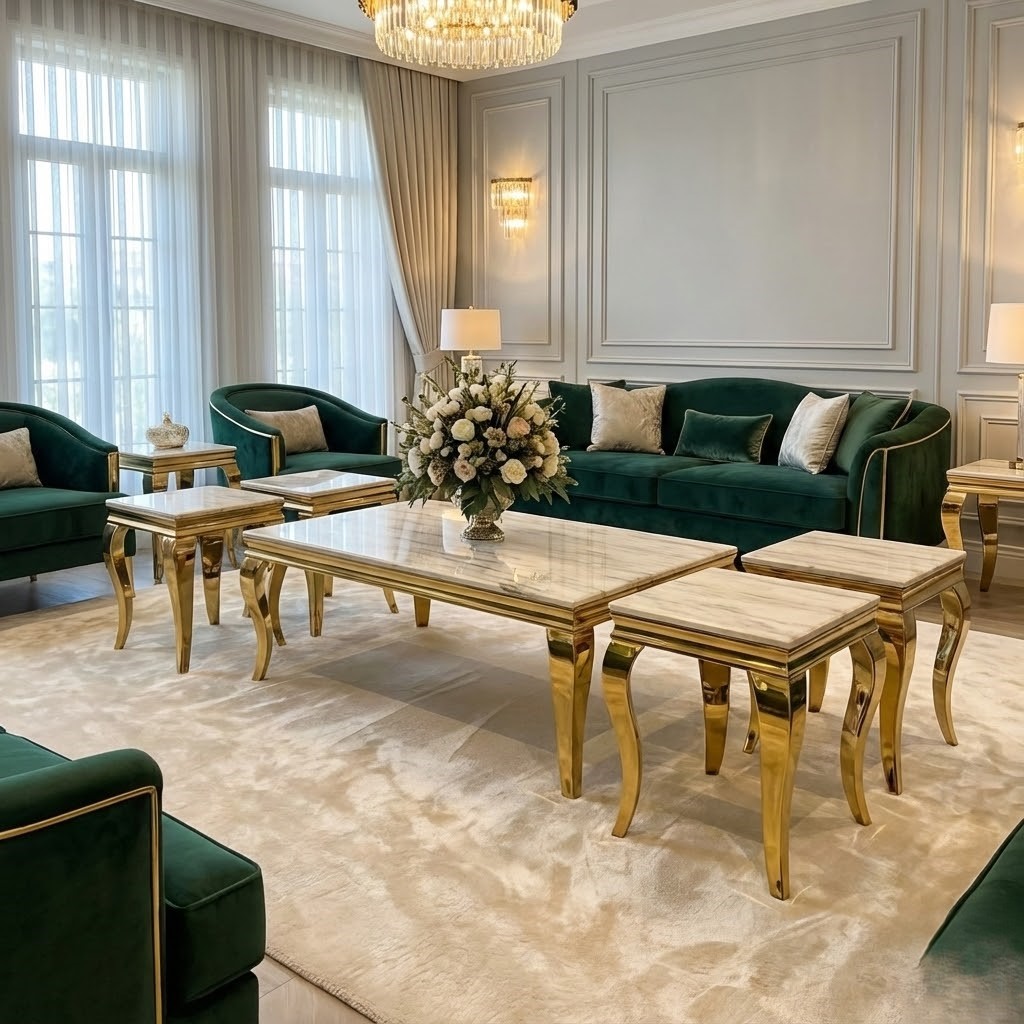  Gold tea table set styled in an elegant living room 