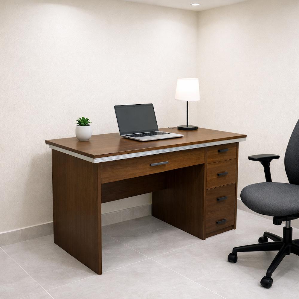  Dark brown wooden desk with single drawer and center handle in workspace 