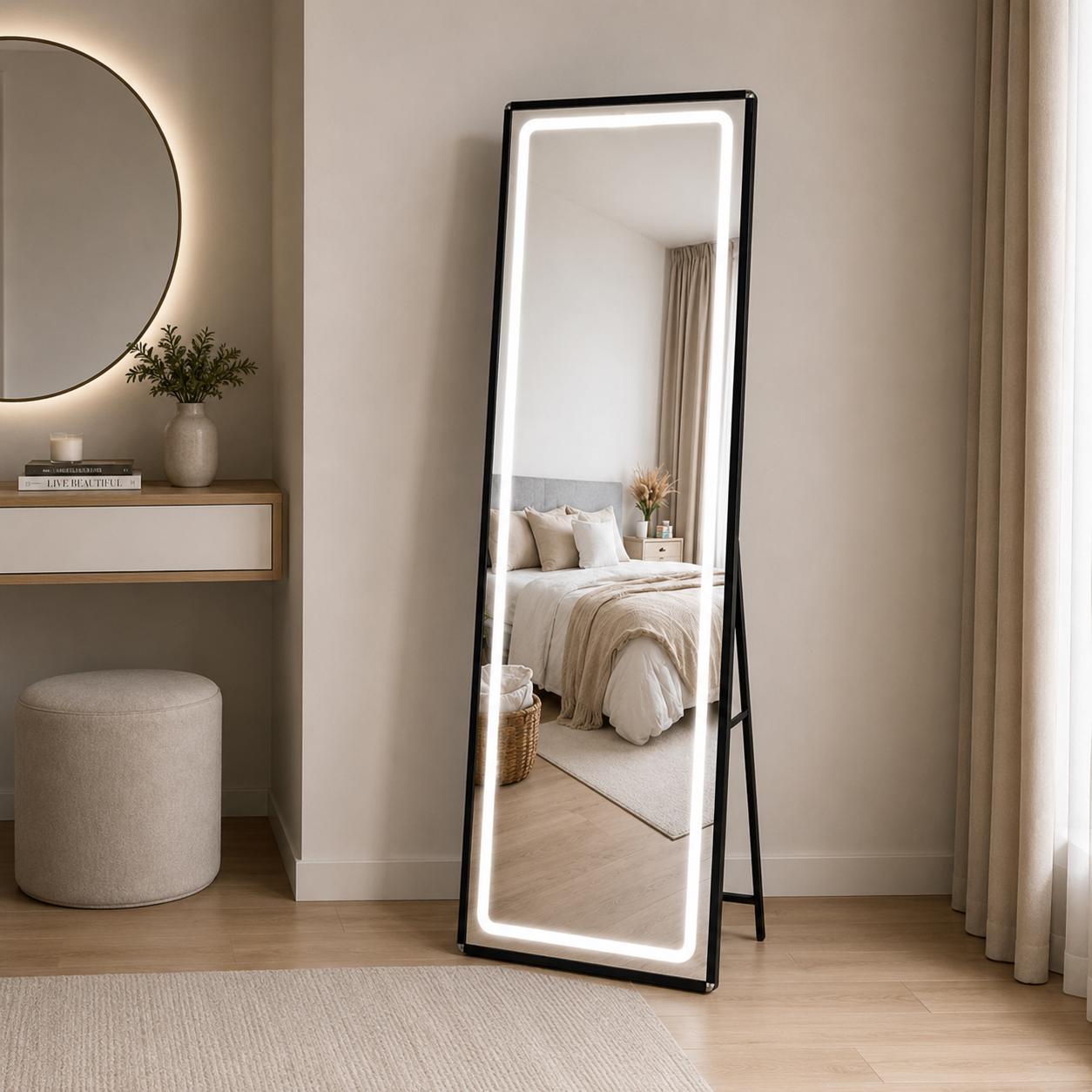  Black LED standing mirror in modern bedroom 