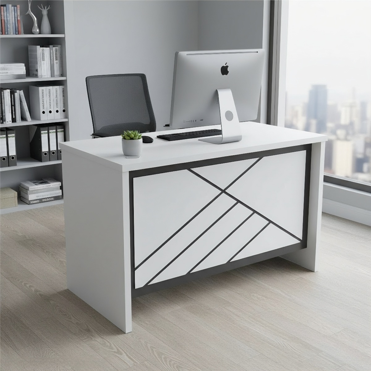  مكتب أبيض من لمسات التأثيث بتصميم هندسي عصري 