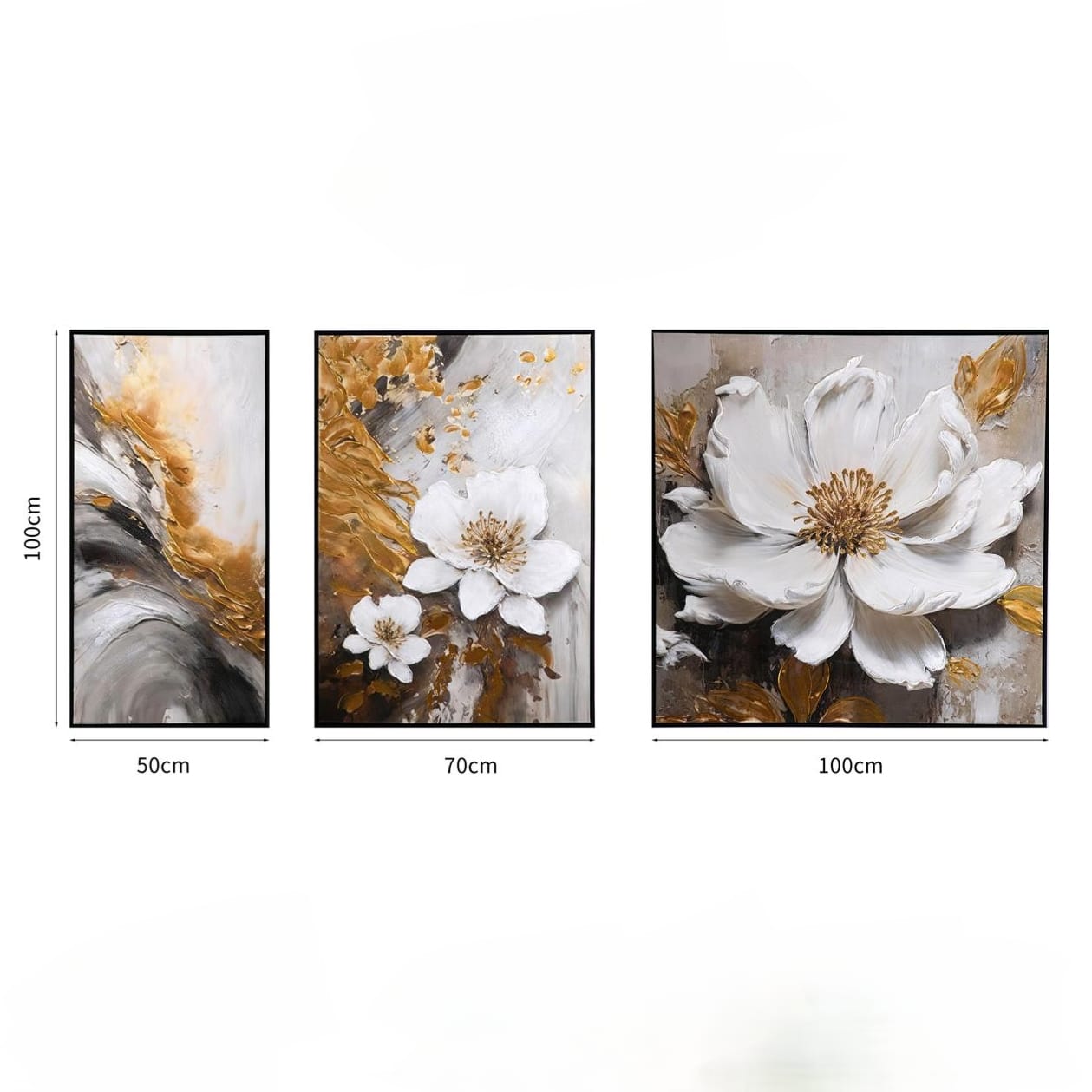  Three floral wall art pieces in gold and gray tones 