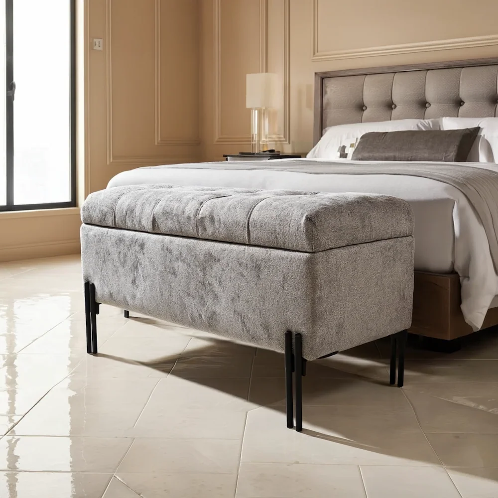  Dark gray 80cm storage bench placed at the foot of the bed in a luxurious bedroom 