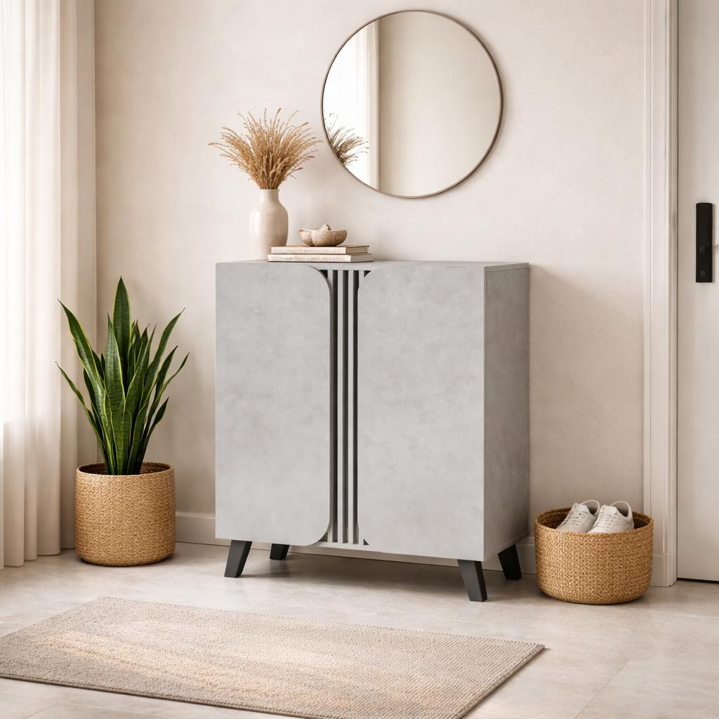  Light grey shoe cabinet with modern curved doors design 