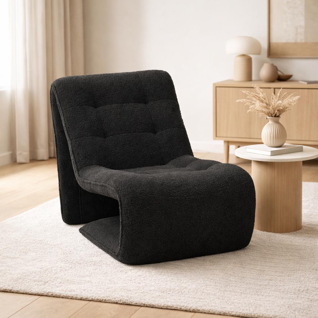  Black boucle lounge chair, curved modern design 