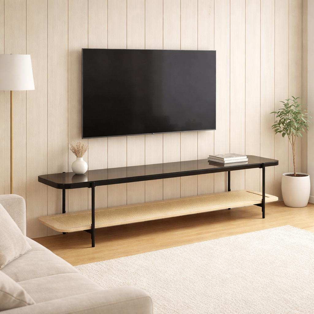  TV console smoked brown glass top black metal frame brown shelf 