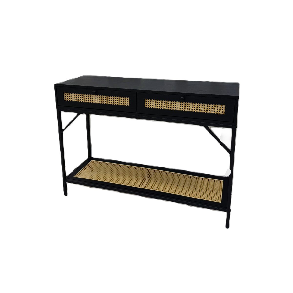  Black rattan entryway console with two drawers 