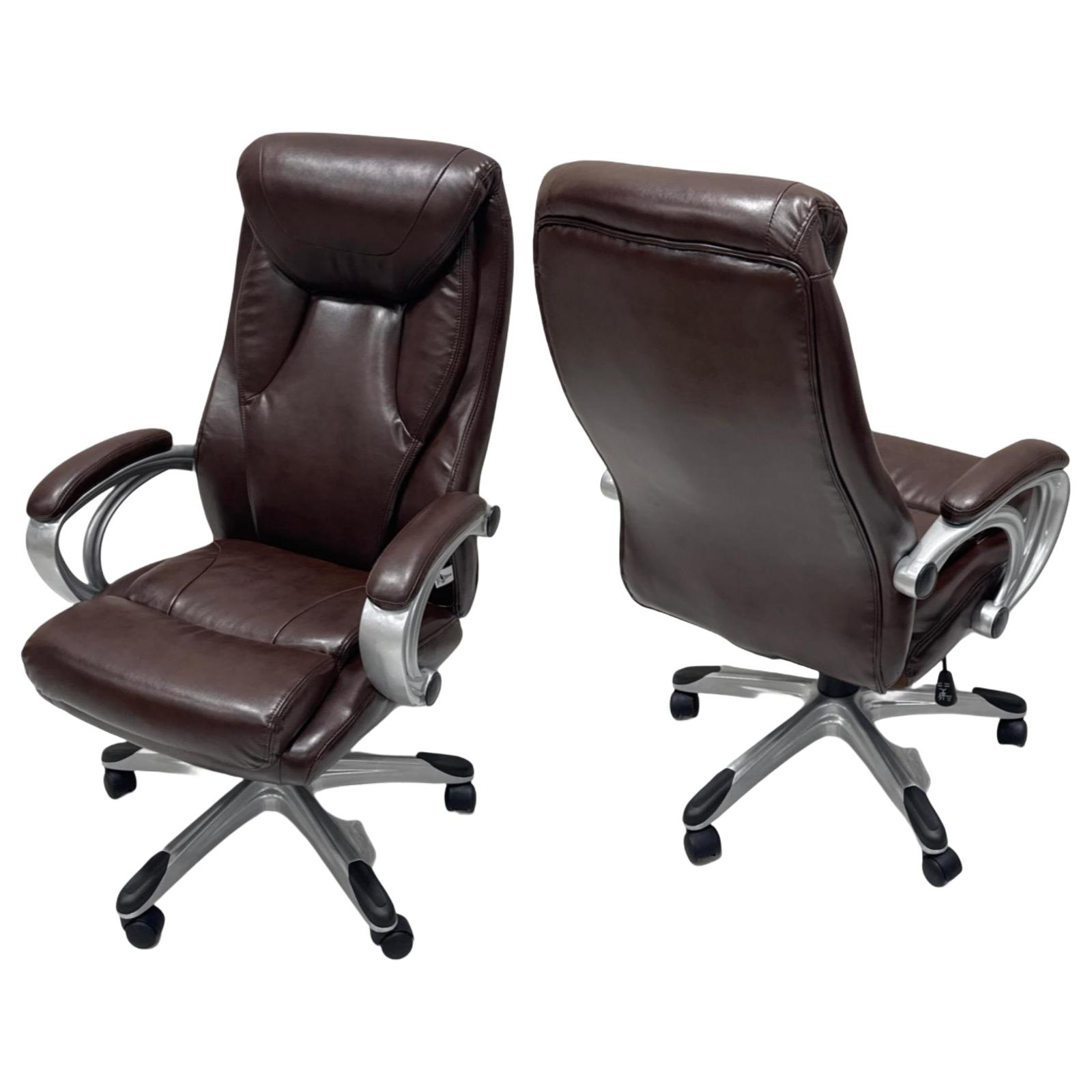  Brown leather executive office chair with high back and wheels 