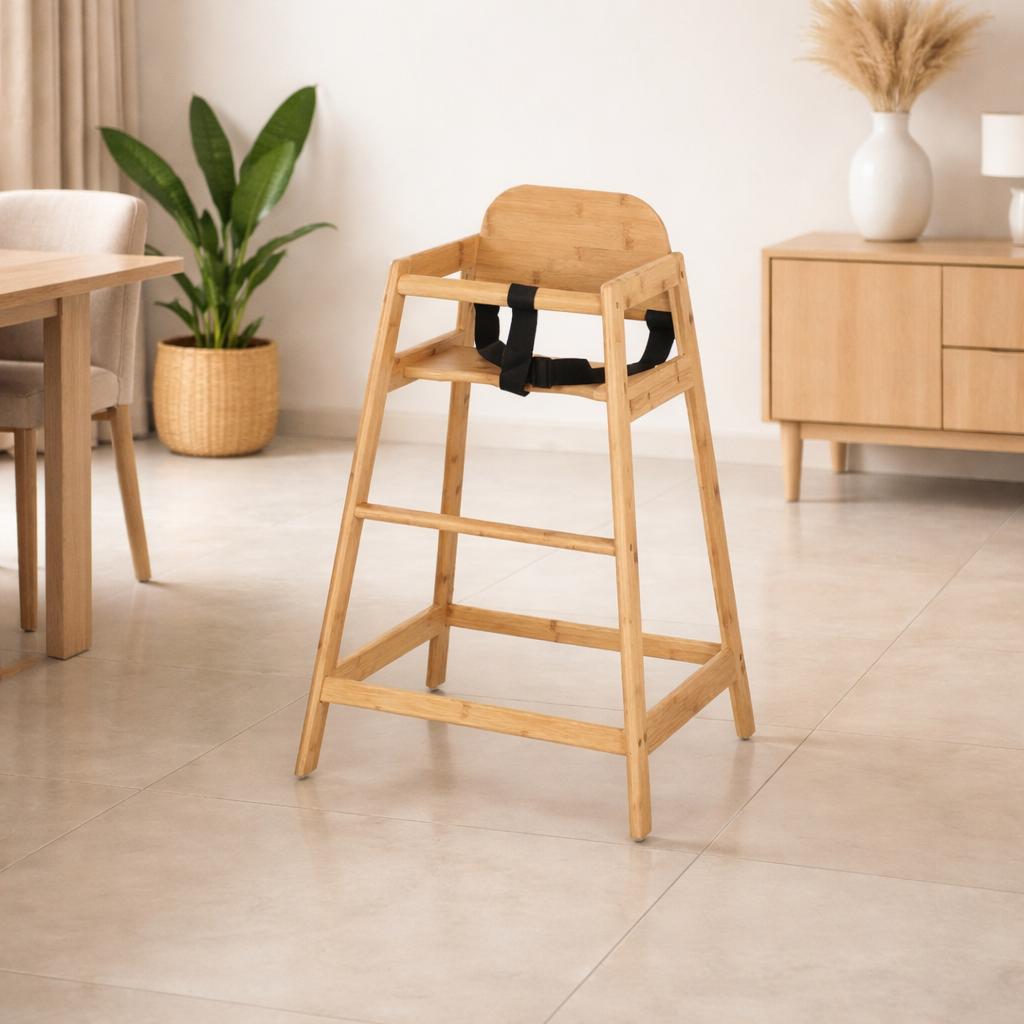  كرسي طعام أطفال خشبي بلون طبيعي مع حزام أمان أسود 