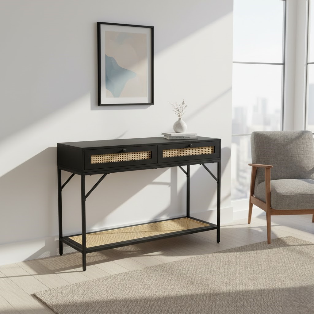  Rattan entryway console with two drawers styled in modern decor 