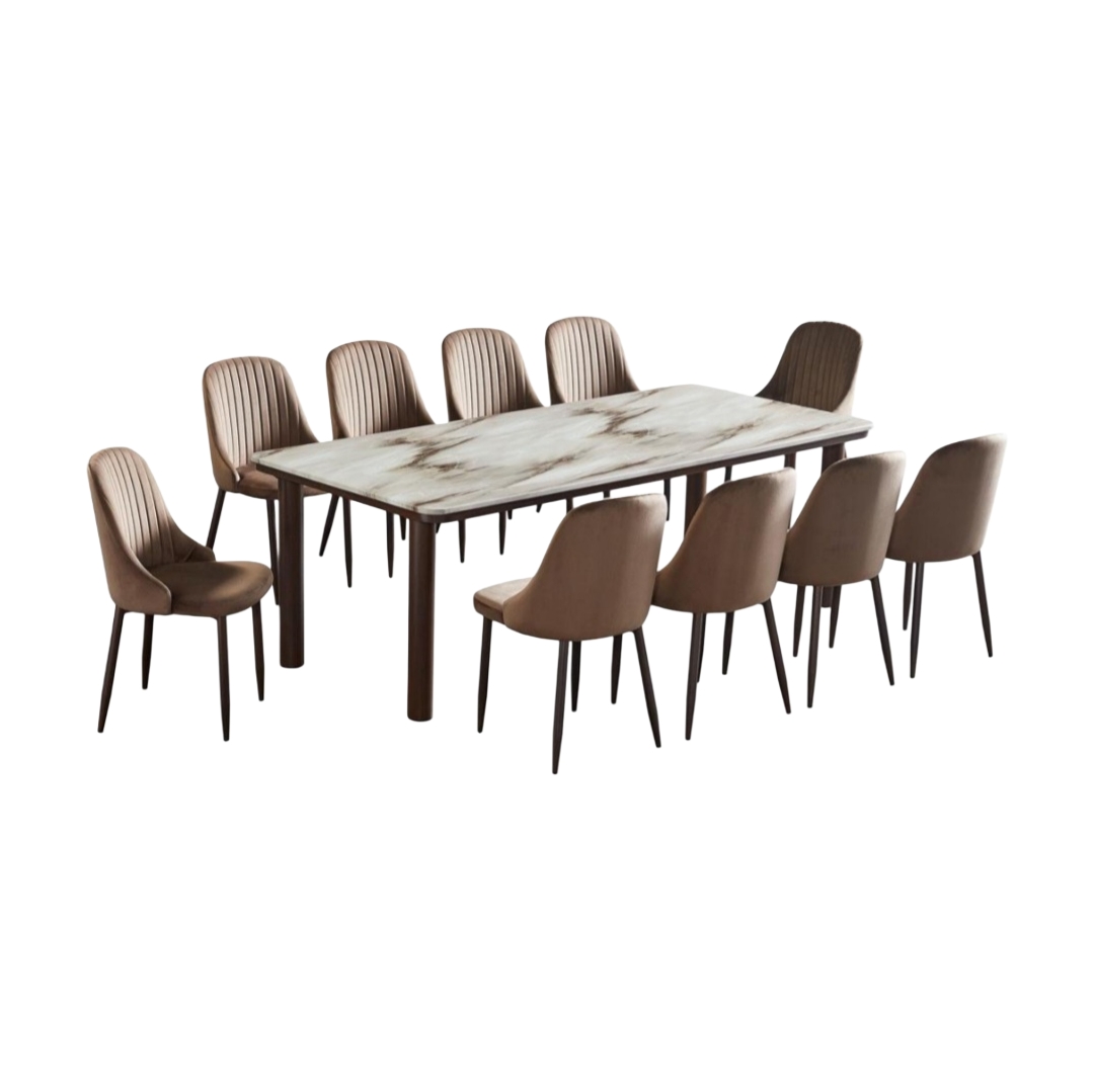  Brown marble dining table with 10 luxury chairs 