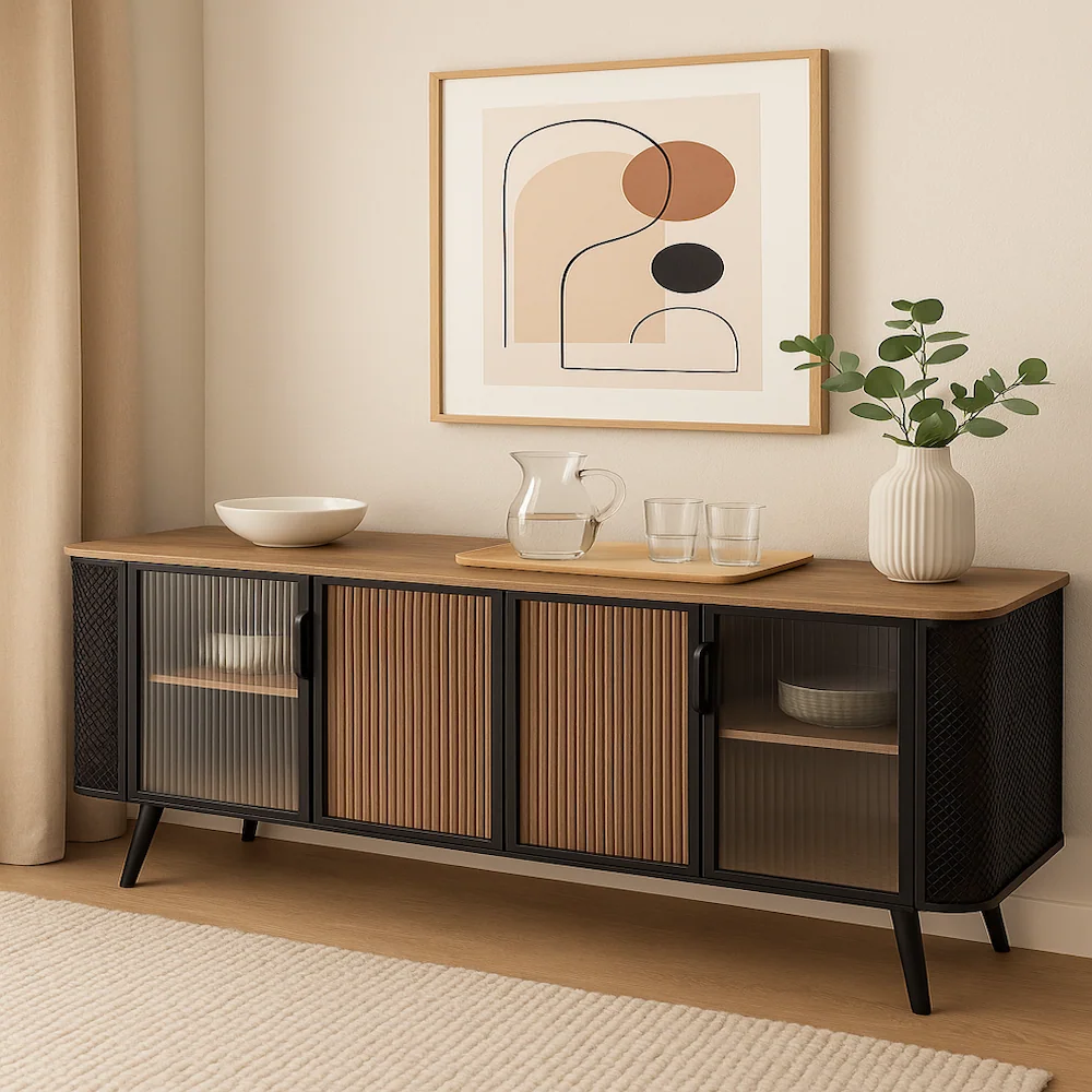  Contemporary console blending natural wood and ribbed glass, perfect for entryways or living rooms 