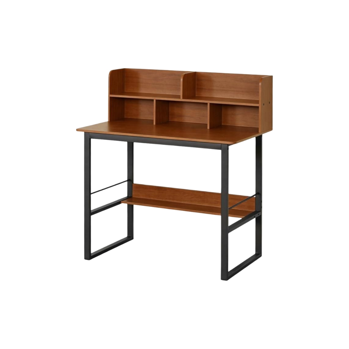  Brown study desk with black storage shelves 