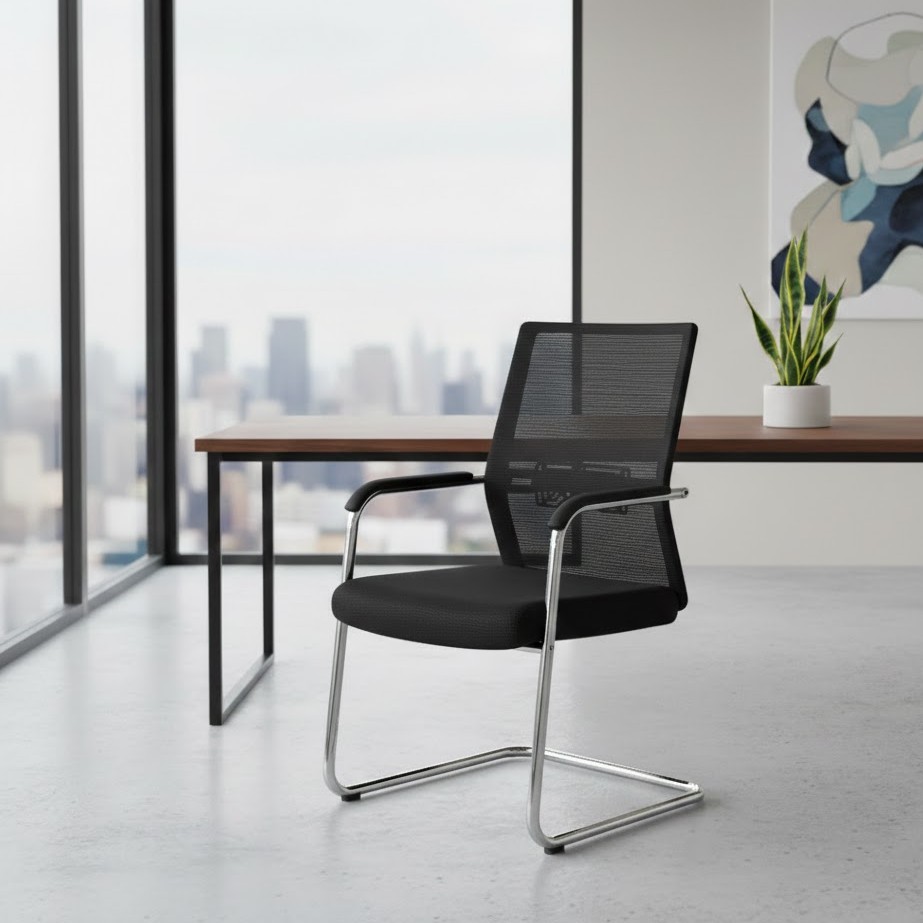  Black mesh fixed office chair in a modern office workspace 