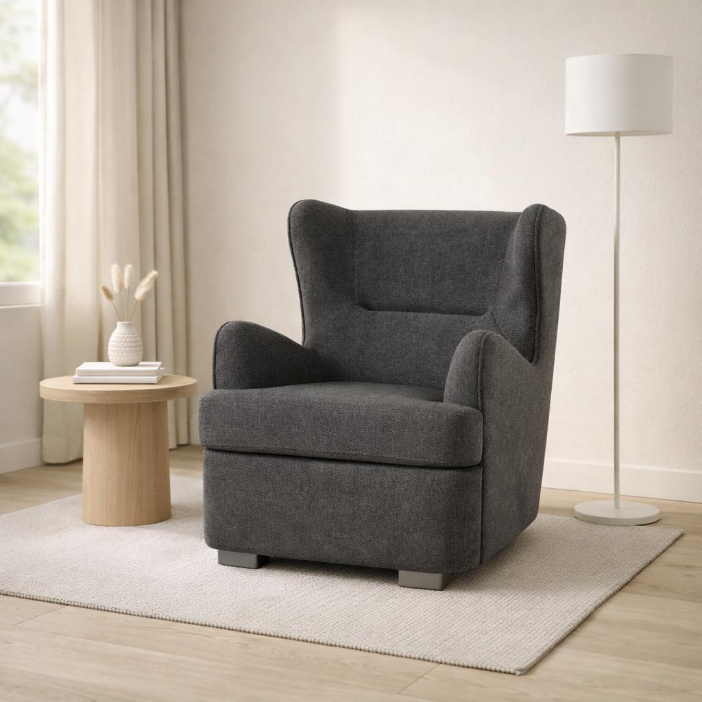  Dark grey fabric armchair modern design in elegant living room 