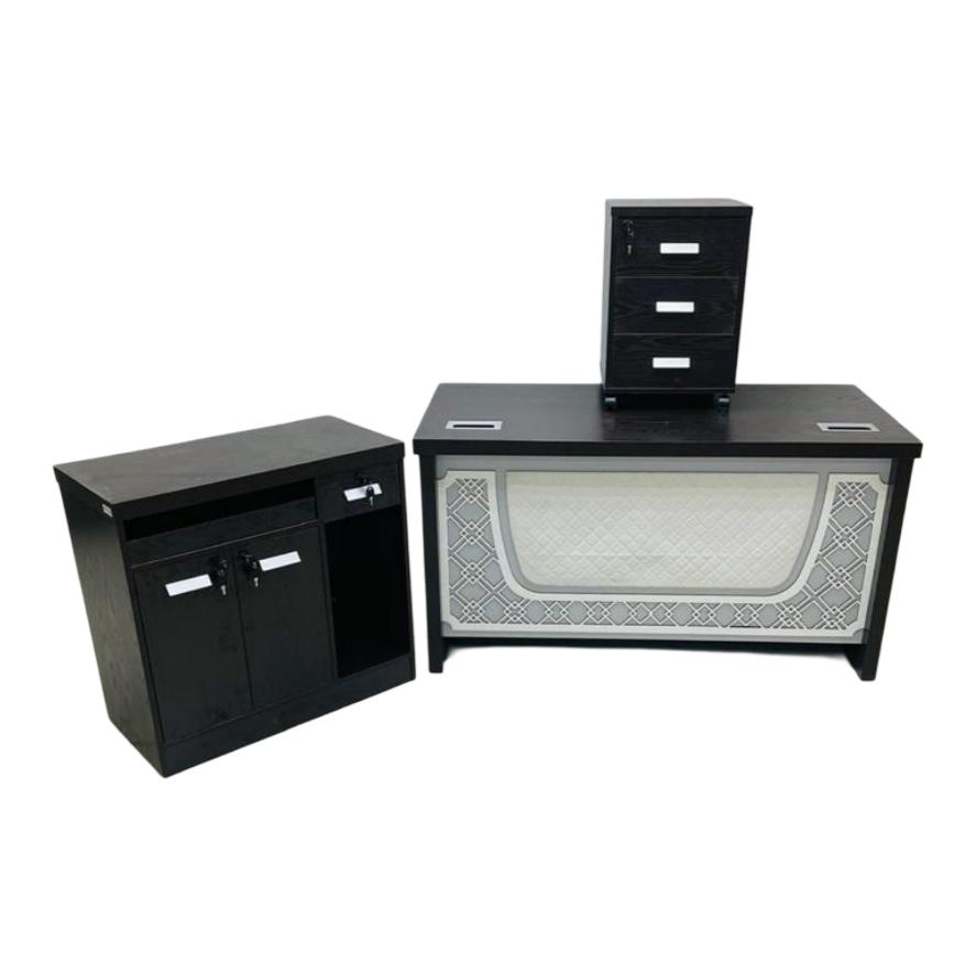  Black and gray 3-piece office desk set with decorative front 