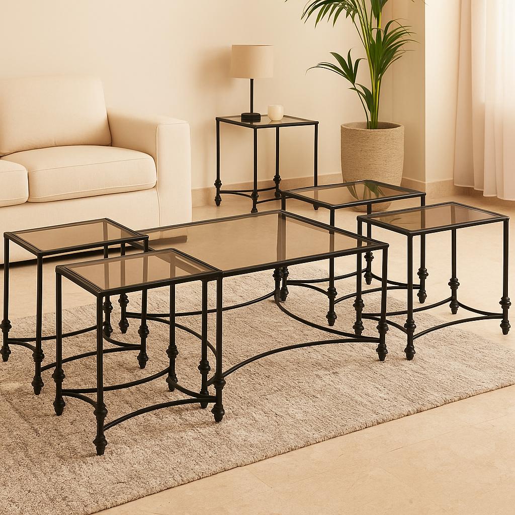  Elegant black metal and glass table set adding a touch of luxury to the space 