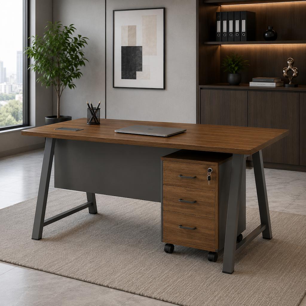  Brown and Gray Office Desk with Mobile Drawers 