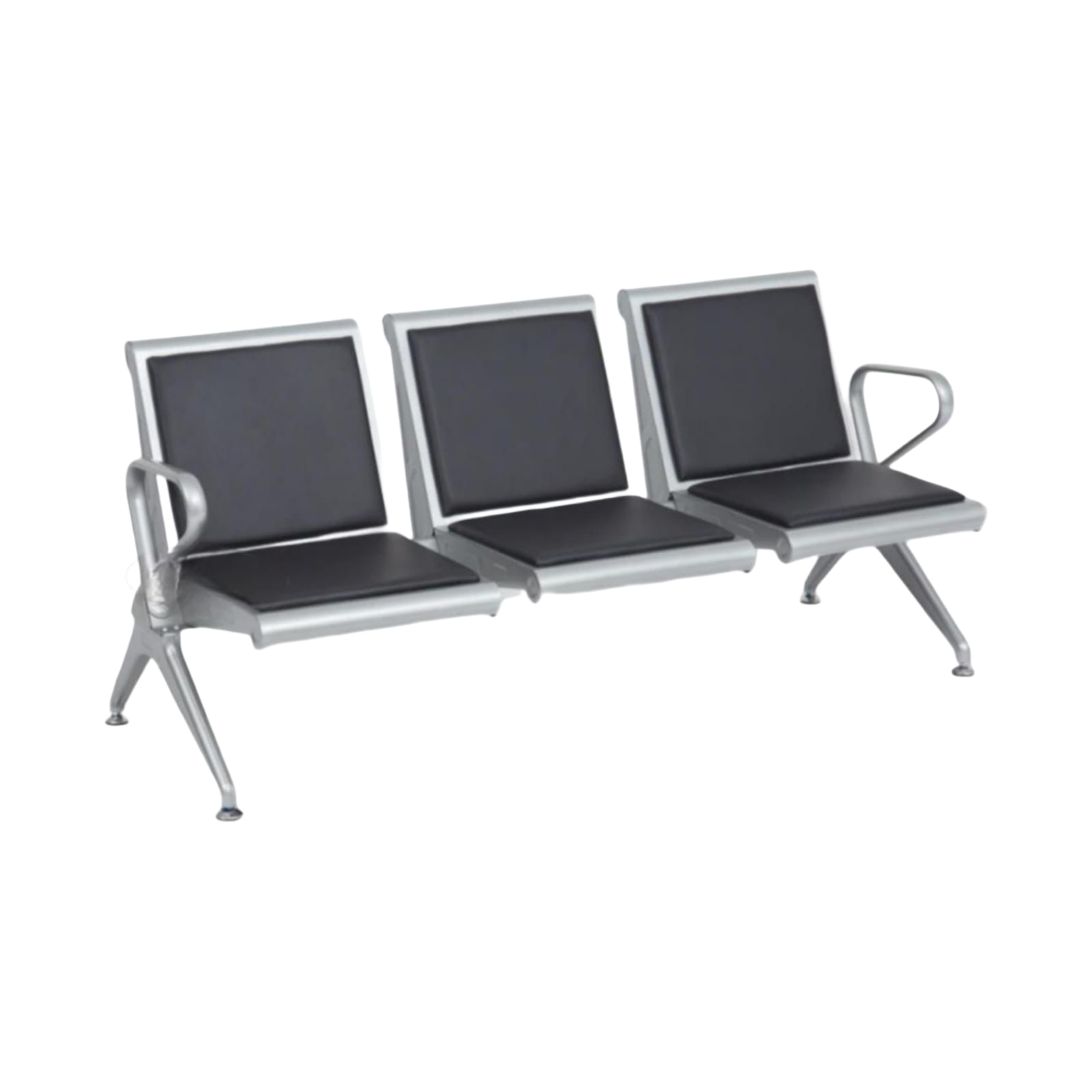  Three-seat waiting bench with black leather and chrome frame 