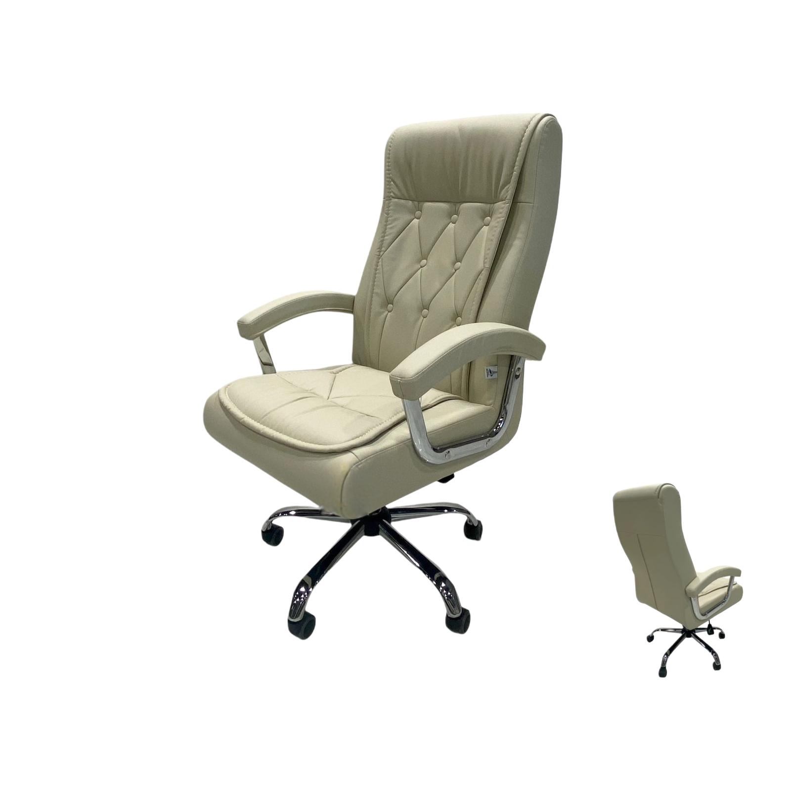  Beige button-tufted leather office chair with wheeled base 