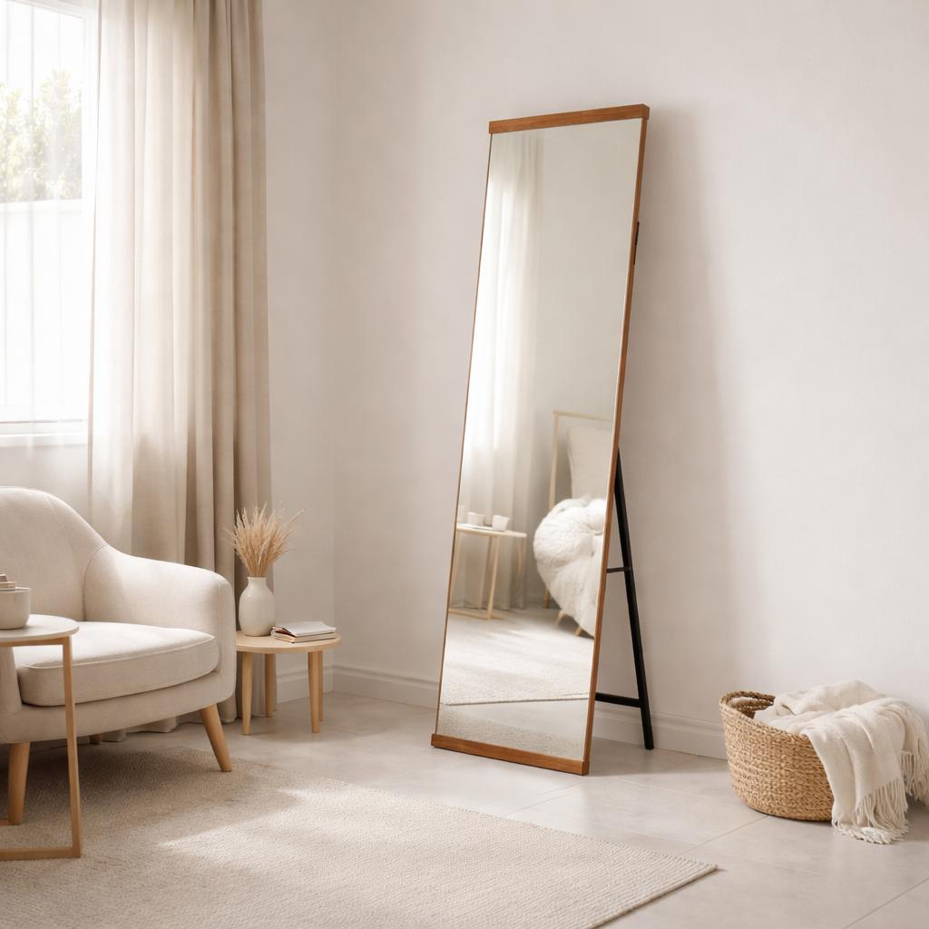  Full length floor mirror with simple brown wooden frame 