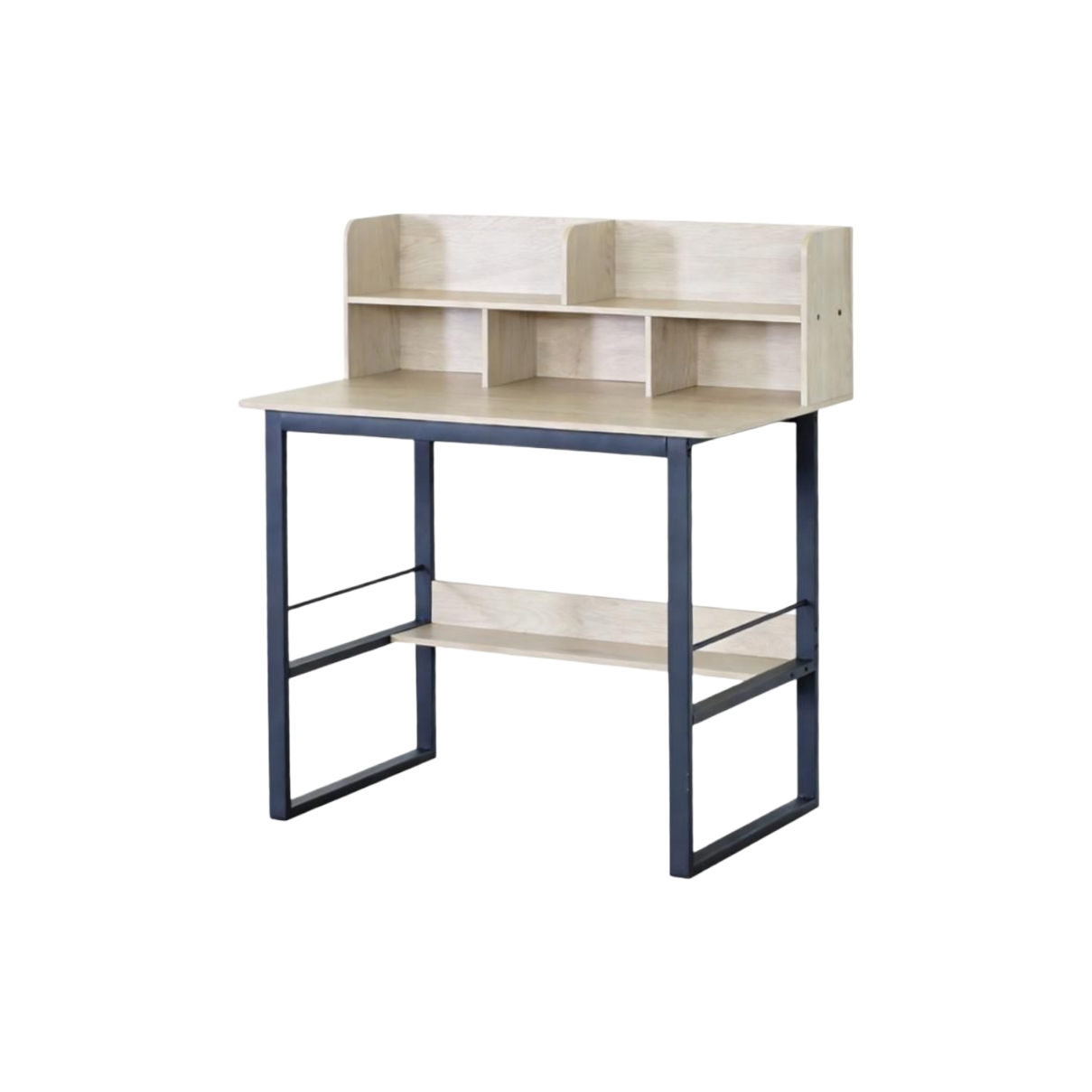  Light wood study desk with black storage shelves 