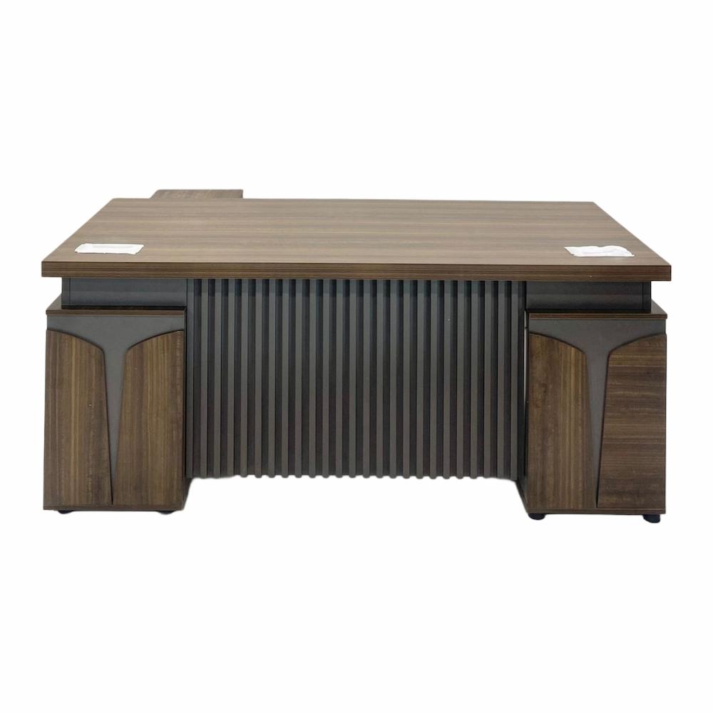  Dark brown and gray melamine executive desk with slatted front 