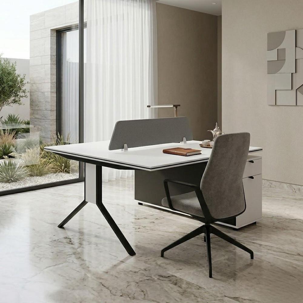  White work desk with gray divider in a modern home office 