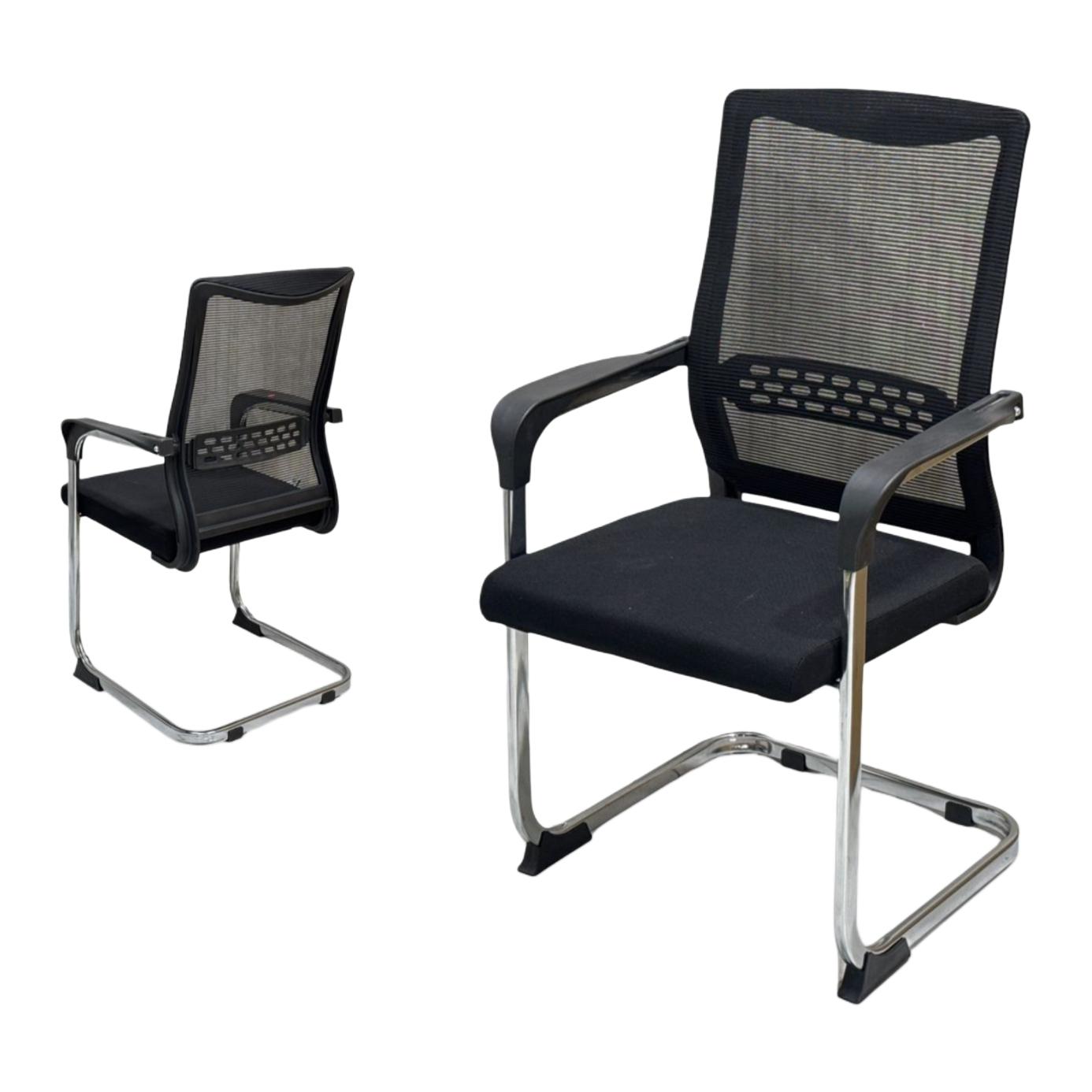  Black fixed meeting chair with curved mesh back 